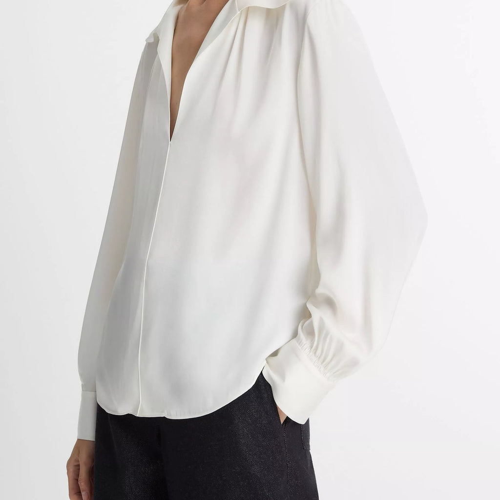 Vince  Smocked Silk-Blend Long-Sleeve Blouse