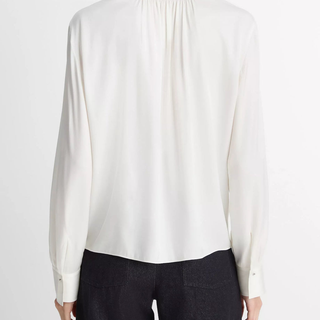 Vince  Smocked Silk-Blend Long-Sleeve Blouse