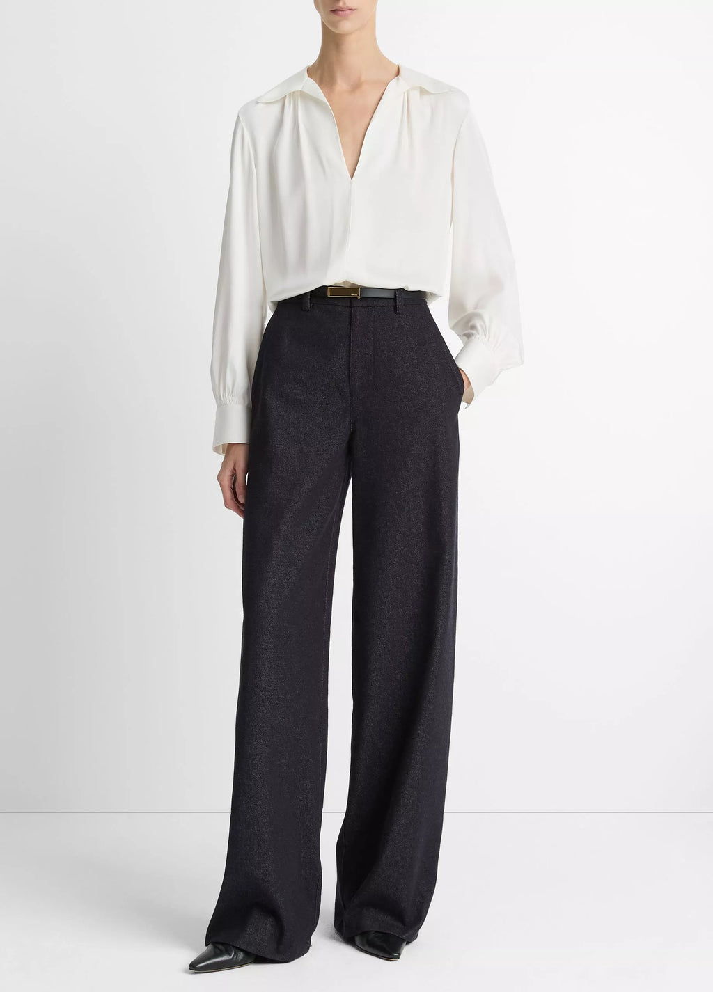 Vince  Smocked Silk-Blend Long-Sleeve Blouse