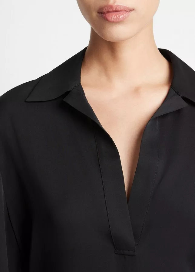 Vince Stretch-Silk Long-Sleeve Polo Blouse