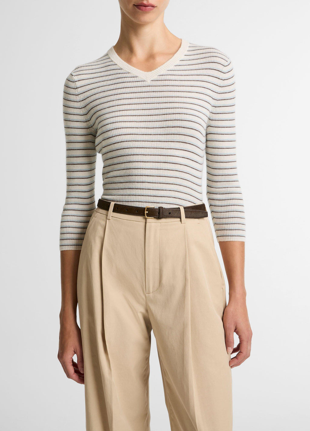 Vince Striped Cashmere-Silk High V-Neck Sweater