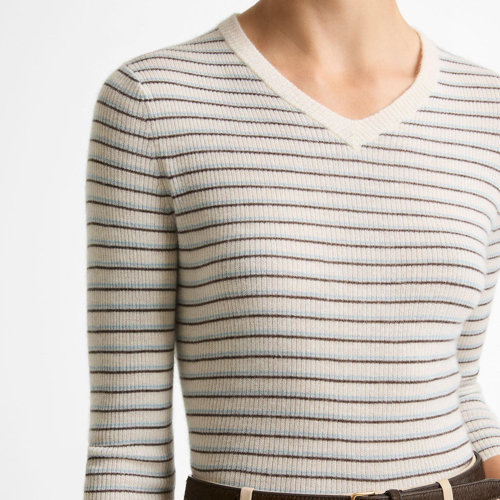 Vince Striped Cashmere-Silk High V-Neck Sweater