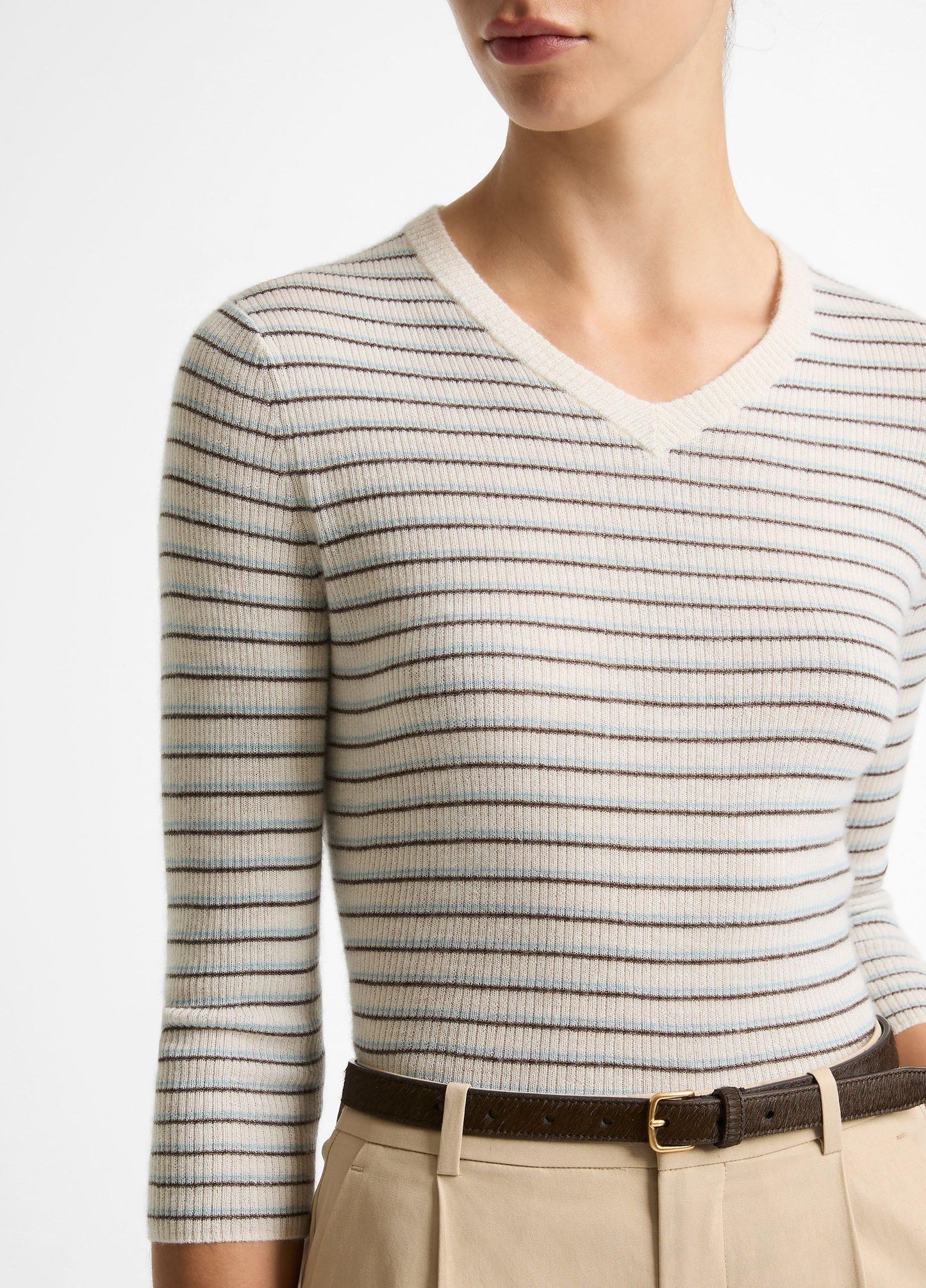 Vince Striped Cashmere-Silk High V-Neck Sweater