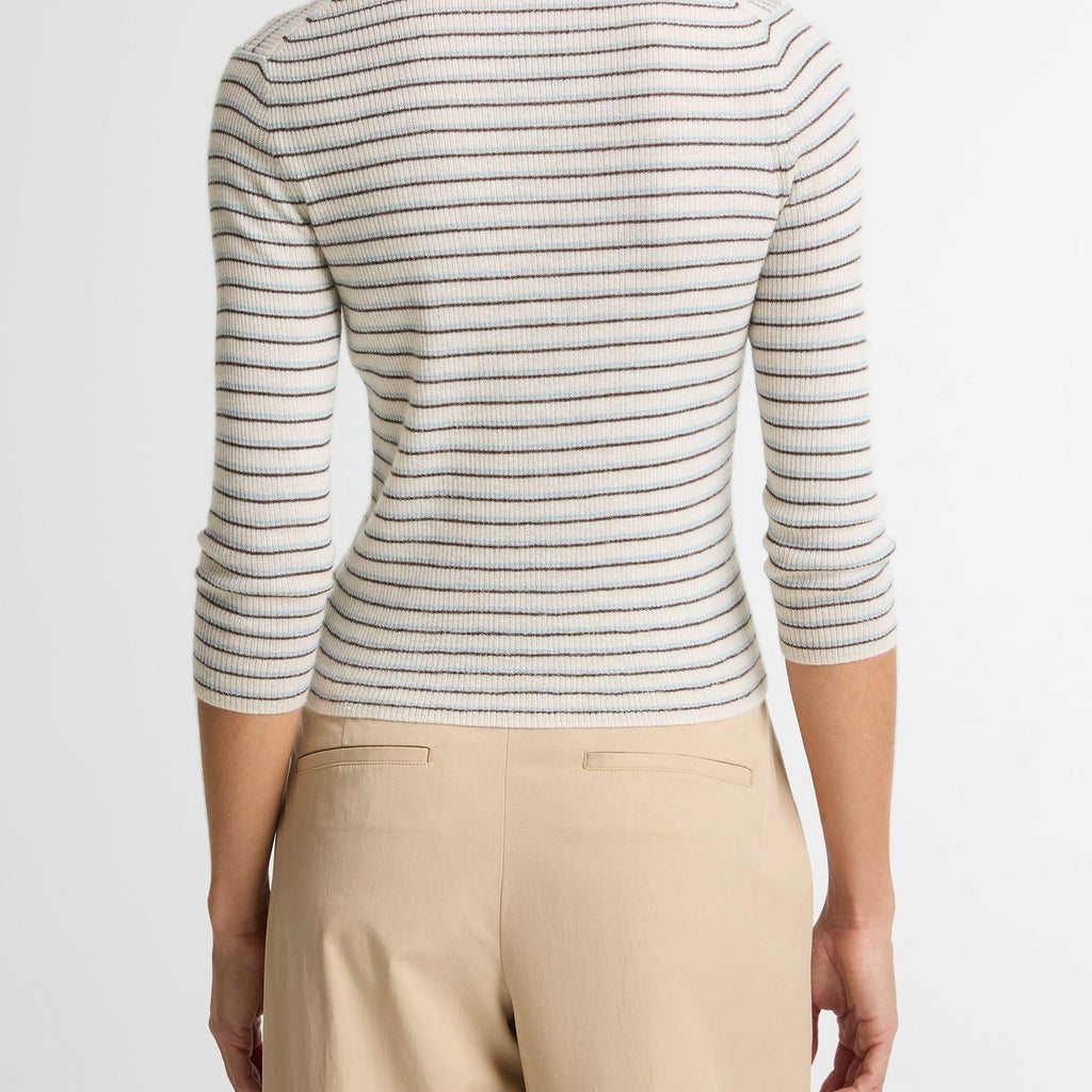 Vince Striped Cashmere-Silk High V-Neck Sweater