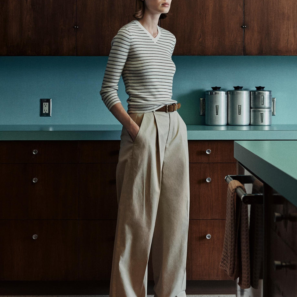 Vince Striped Cashmere-Silk High V-Neck Sweater