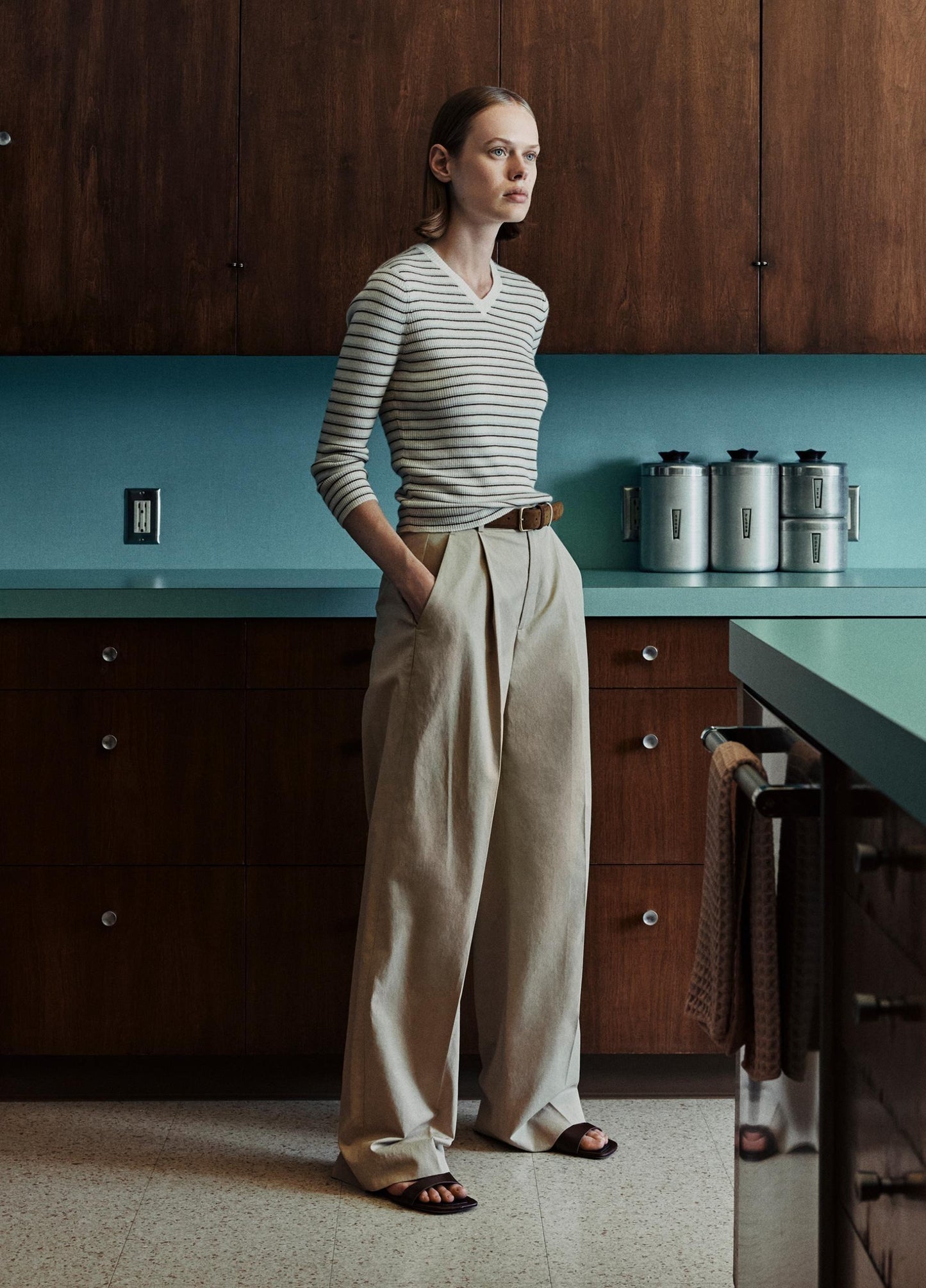 Vince Striped Cashmere-Silk High V-Neck Sweater