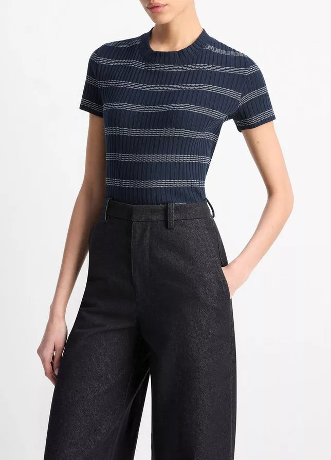 Vince Striped Ribbed Cotton-Blend Top