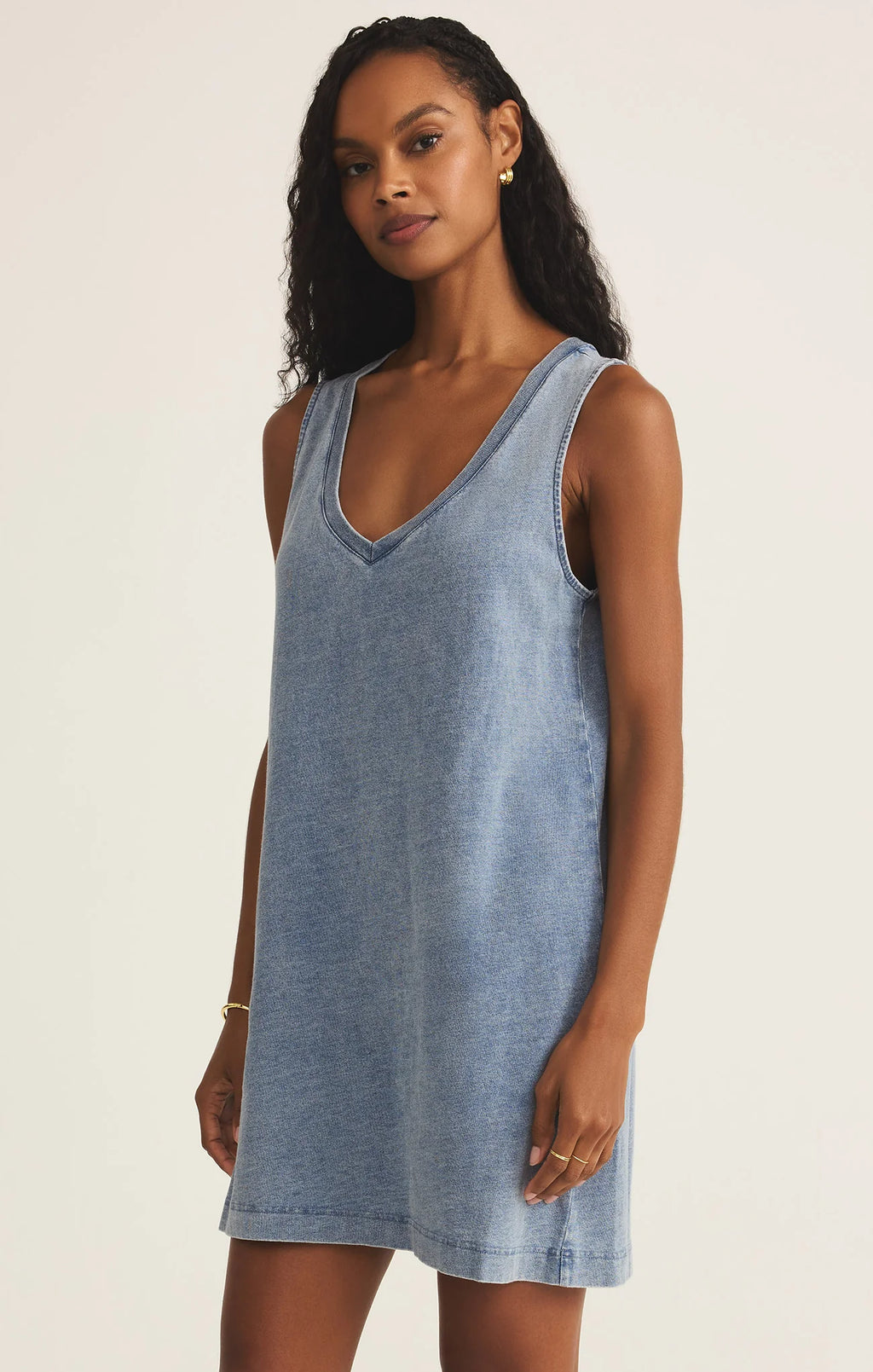 denim v neck dress Z Supply Sloane V-Neck Jersey Denim Mini Dress – Puritan Cape Cod