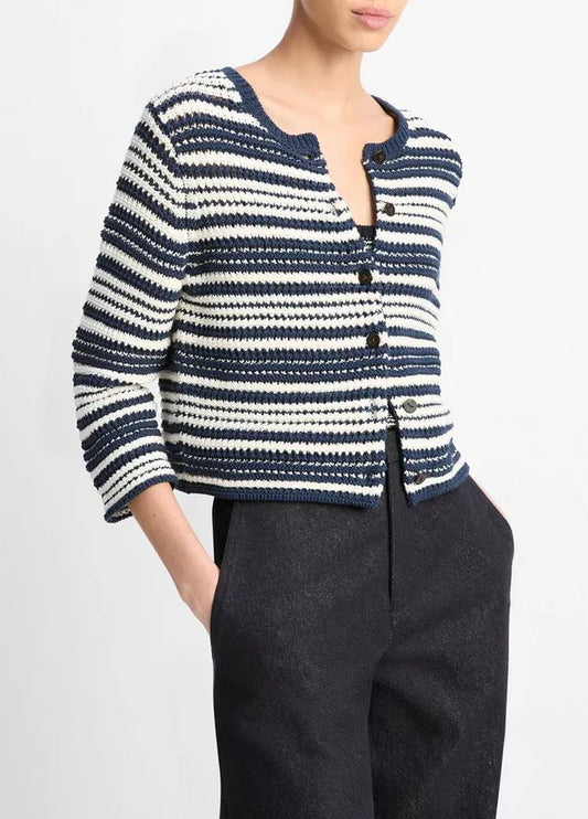 Vince Textured Stripe Italian Cotton Cardigan
