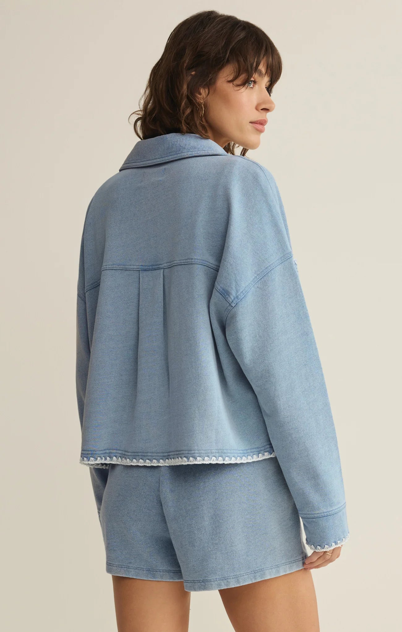 Z Supply All Day Knit Denim Crop Whipstitch Jacket