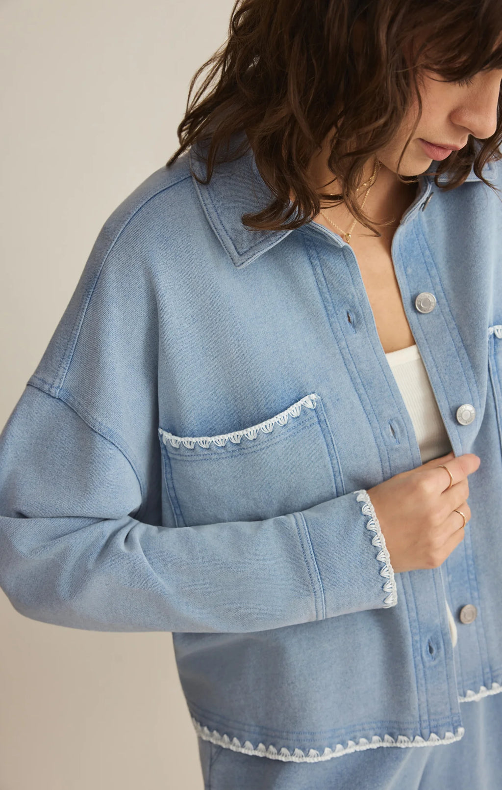 Z Supply All Day Knit Denim Crop Whipstitch Jacket