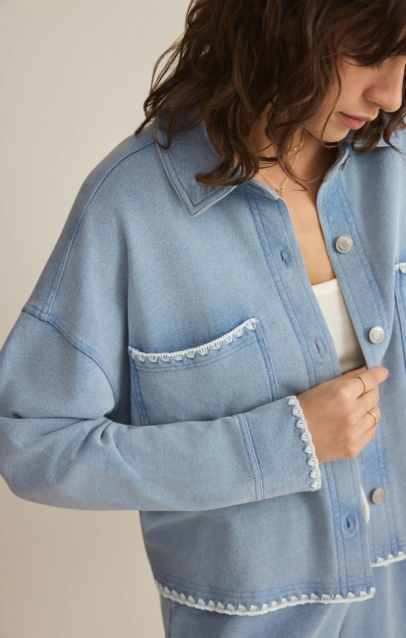 Z Supply All Day Knit Denim Crop Whipstitch Jacket