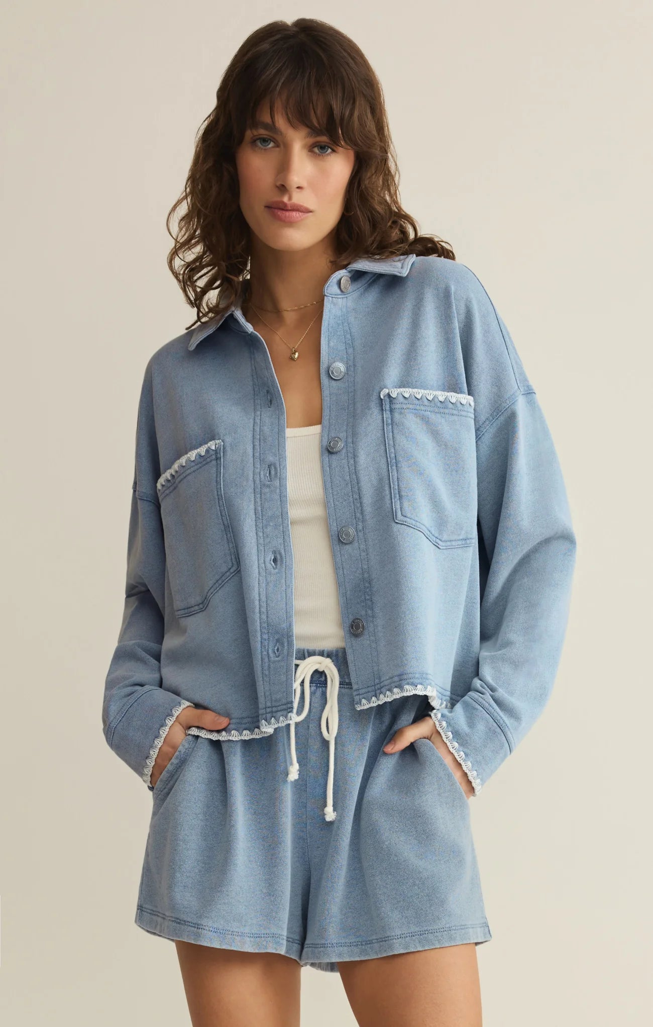 Z Supply All Day Knit Denim Crop Whipstitch Jacket
