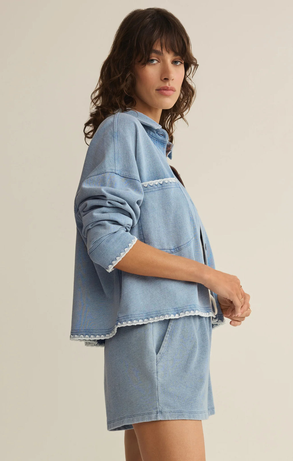 Z Supply All Day Knit Denim Crop Whipstitch Jacket
