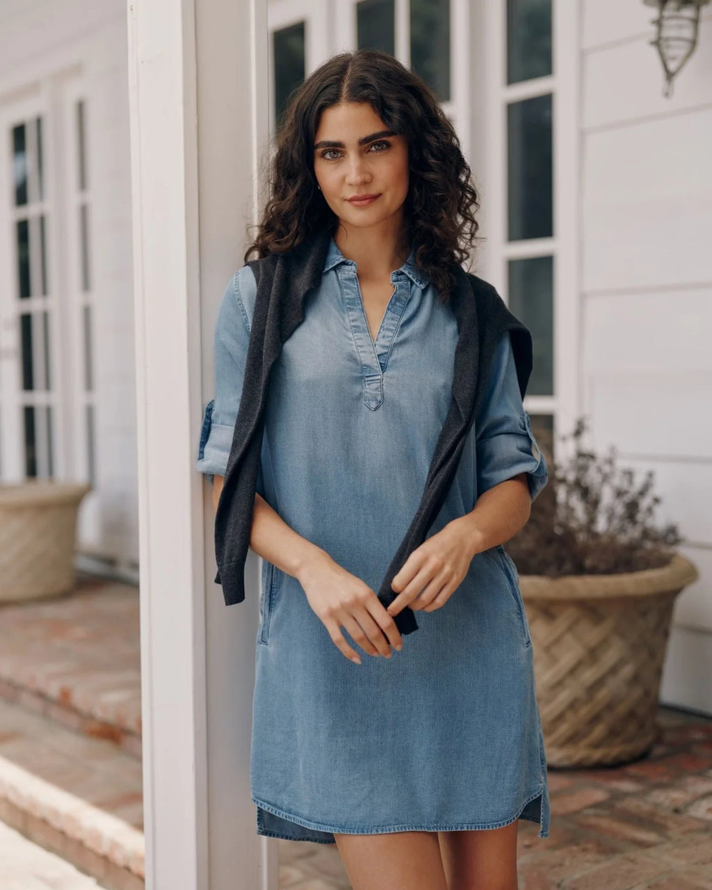 A Line Rolled Tab Sleeve Dress