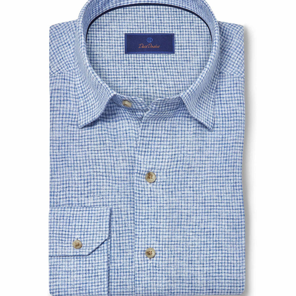 David Donahue Navy Linen Check Sport Shirt