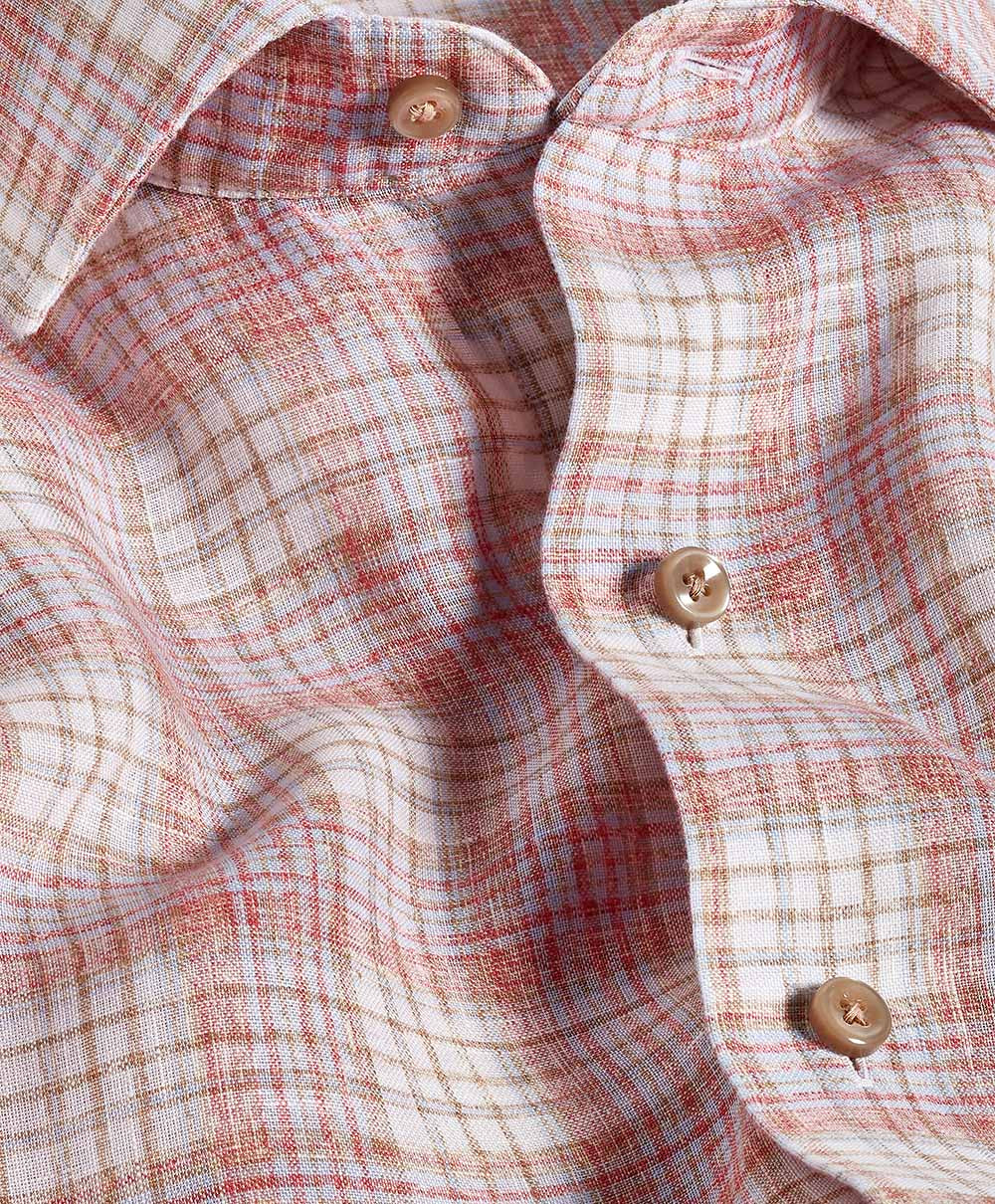 David Donahue Red and Multi Linen Check Sport Shirt