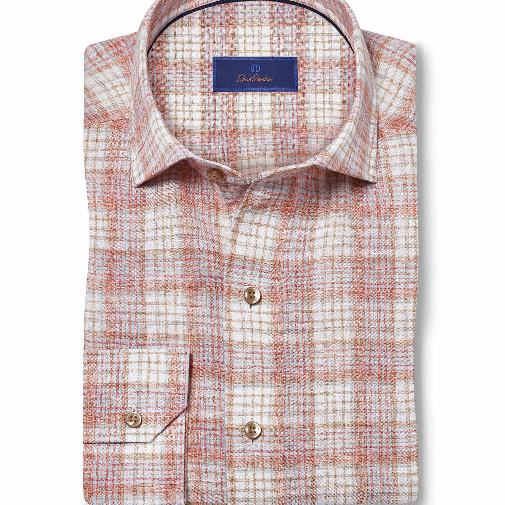 David Donahue Red and Multi Linen Check Sport Shirt