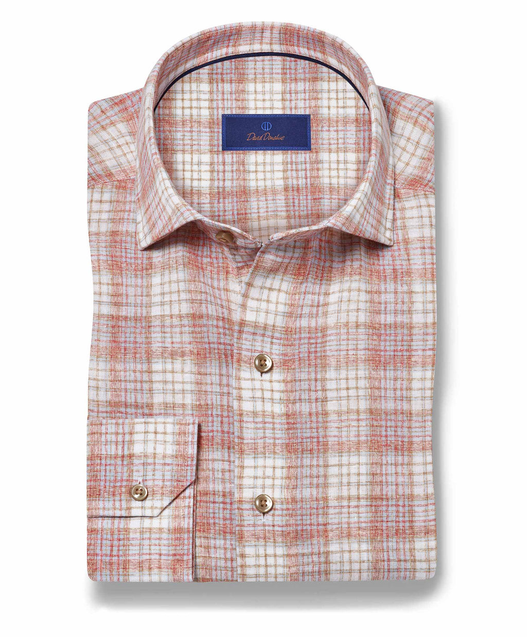 David Donahue Red and Multi Linen Check Sport Shirt