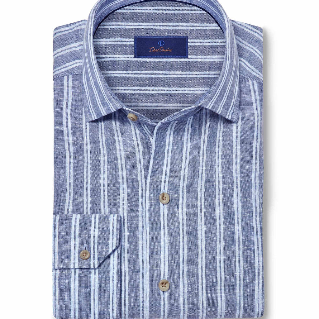 David Donahue Navy Linen Stripe Sport Shirt