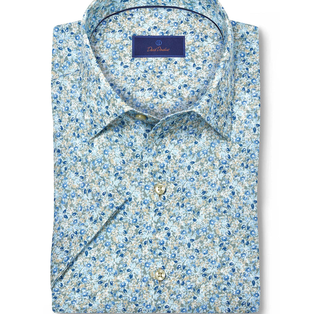 David Donahue Sage Floral Linen Blend Short Sleeve Shirt