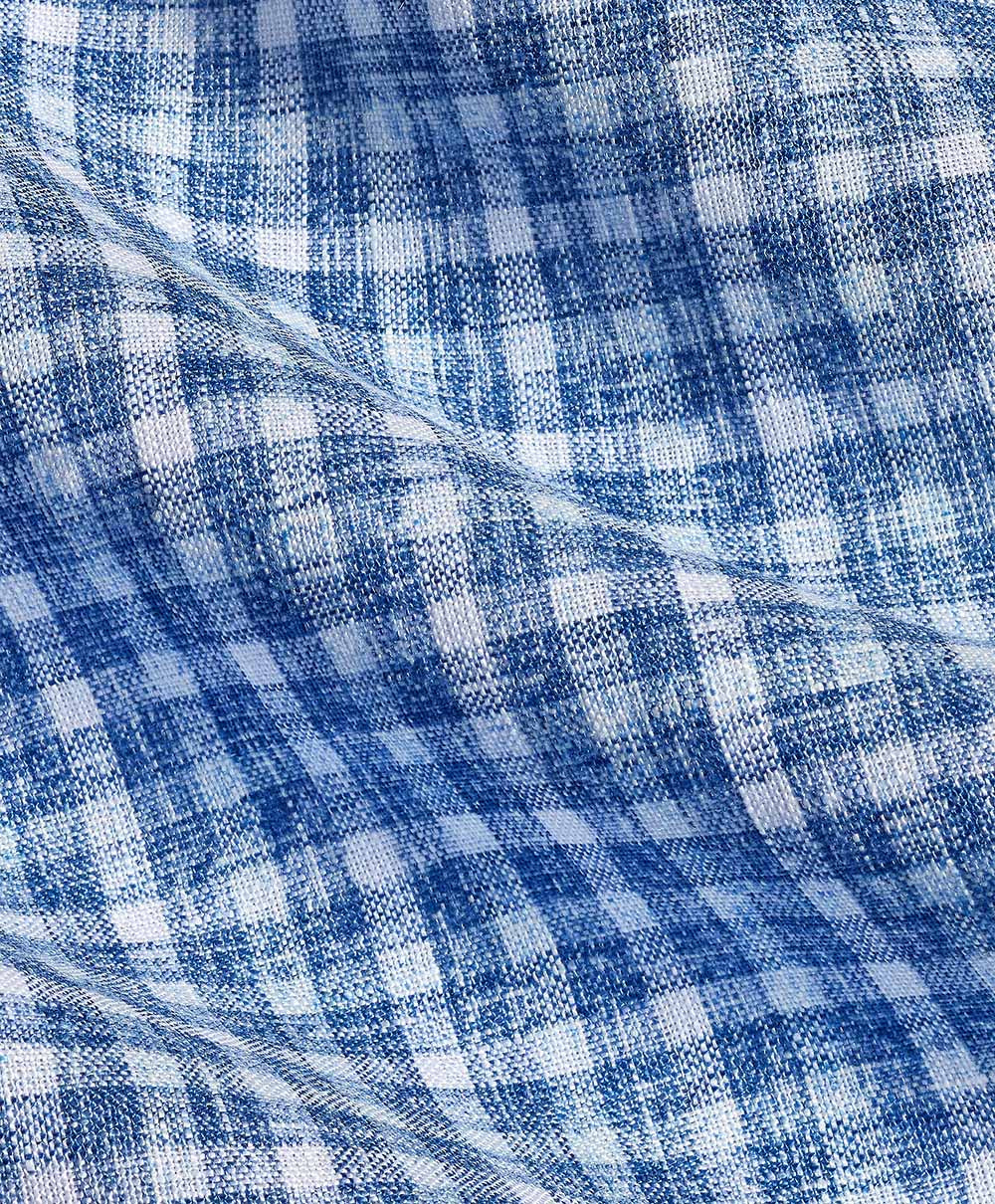 David Donahue Navy & Sky Linen Check Short Sleeve Shirt