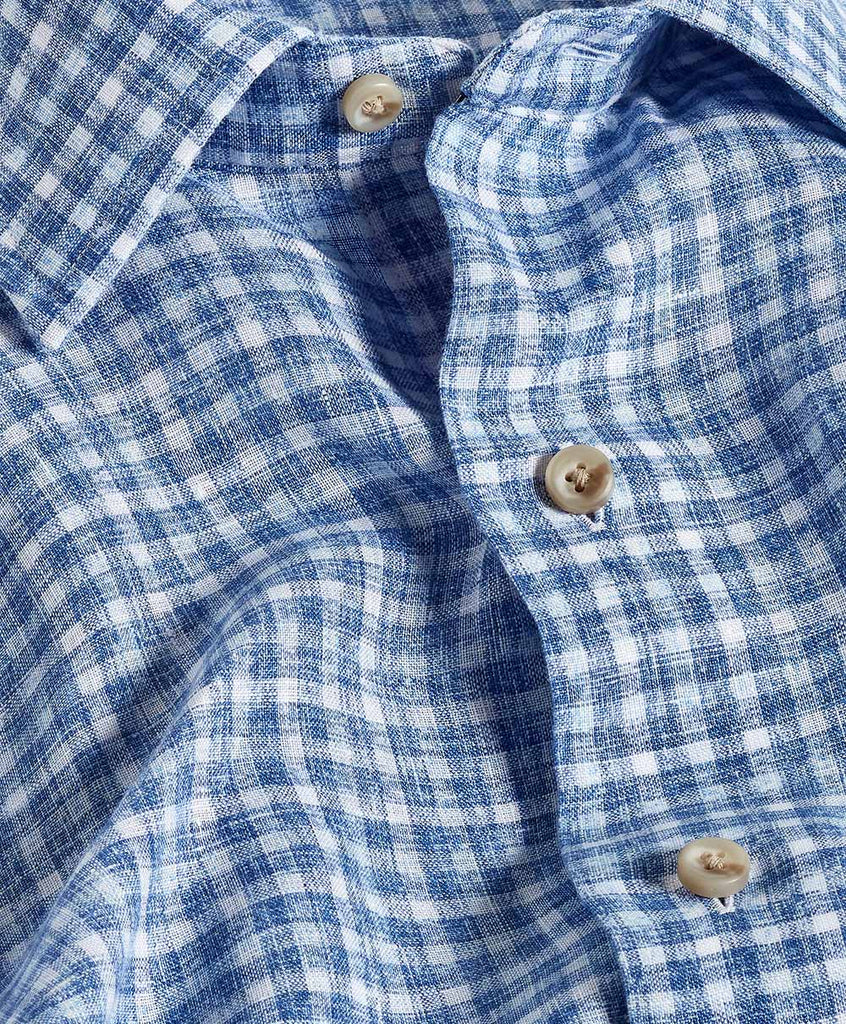 David Donahue Navy & Sky Linen Check Short Sleeve Shirt