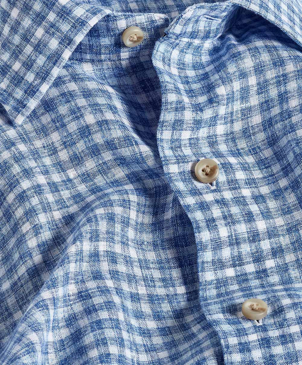 David Donahue Navy & Sky Linen Check Short Sleeve Shirt