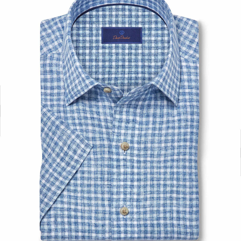 David Donahue Navy & Sky Linen Check Short Sleeve Shirt