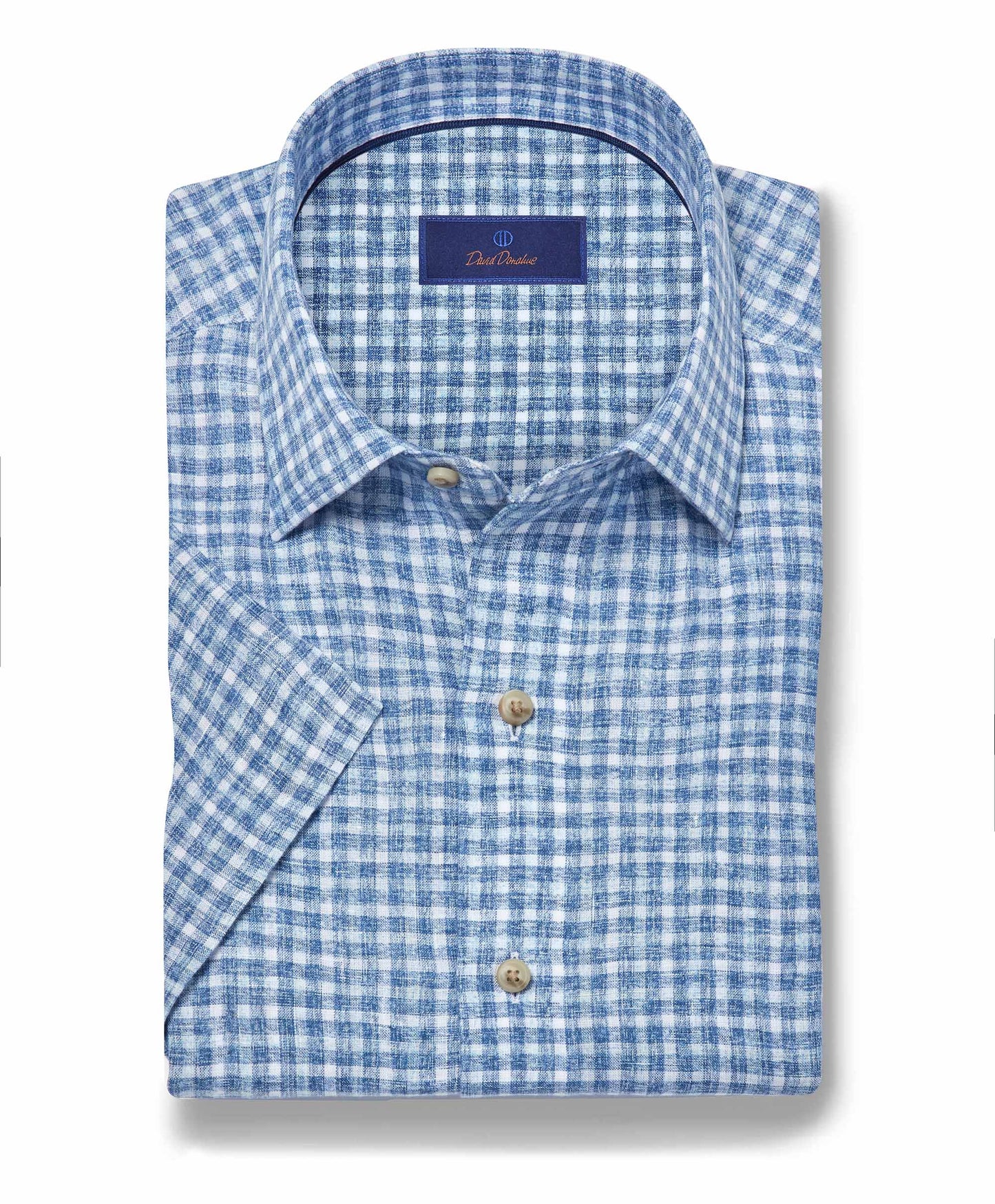 David Donahue Navy & Sky Linen Check Short Sleeve Shirt