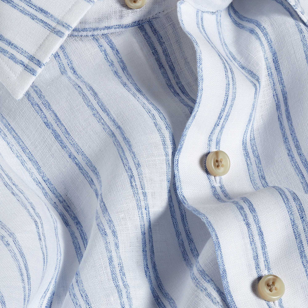 David Donahue White & Blue Linen Stripe Short Sleeve Shirt