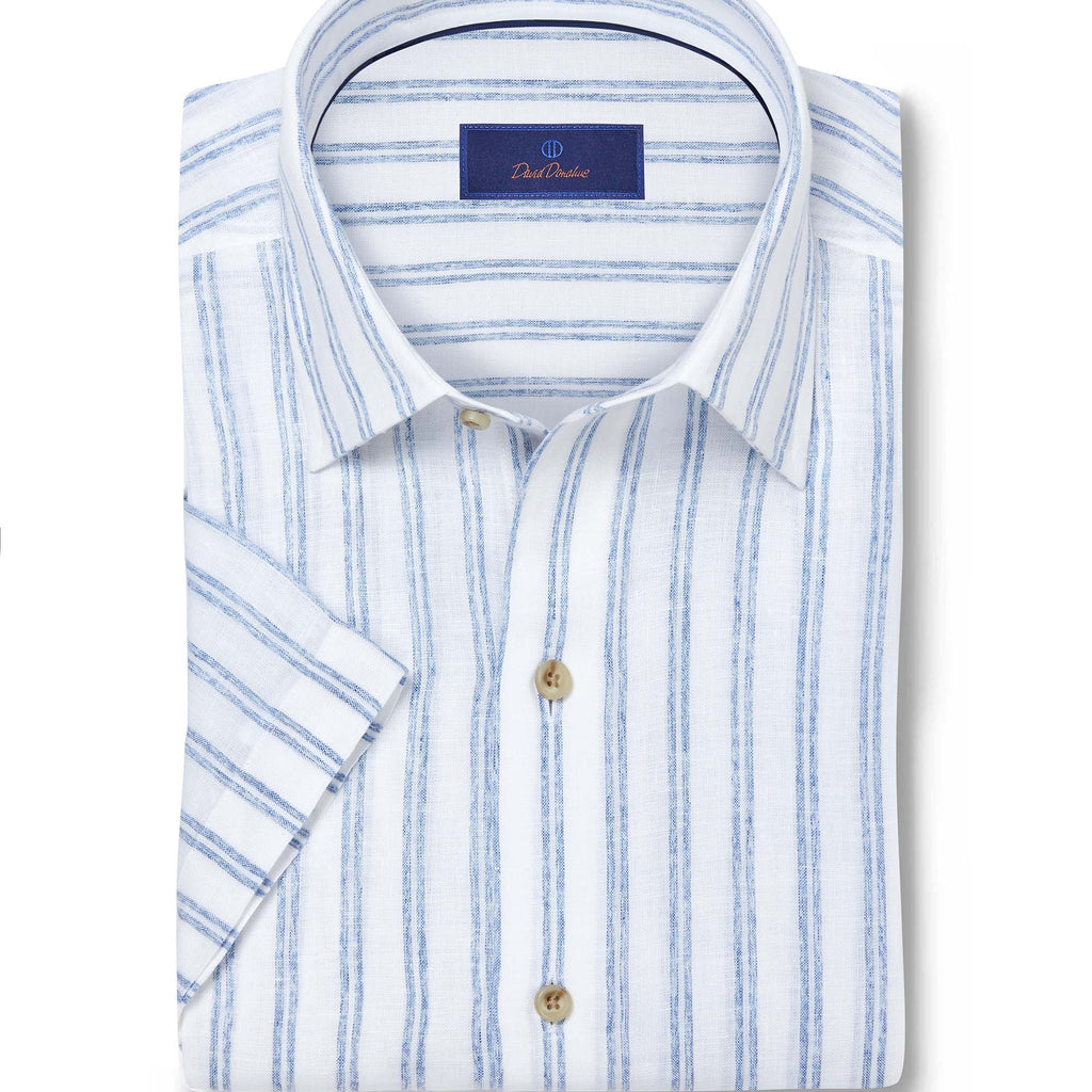 David Donahue White & Blue Linen Stripe Short Sleeve Shirt
