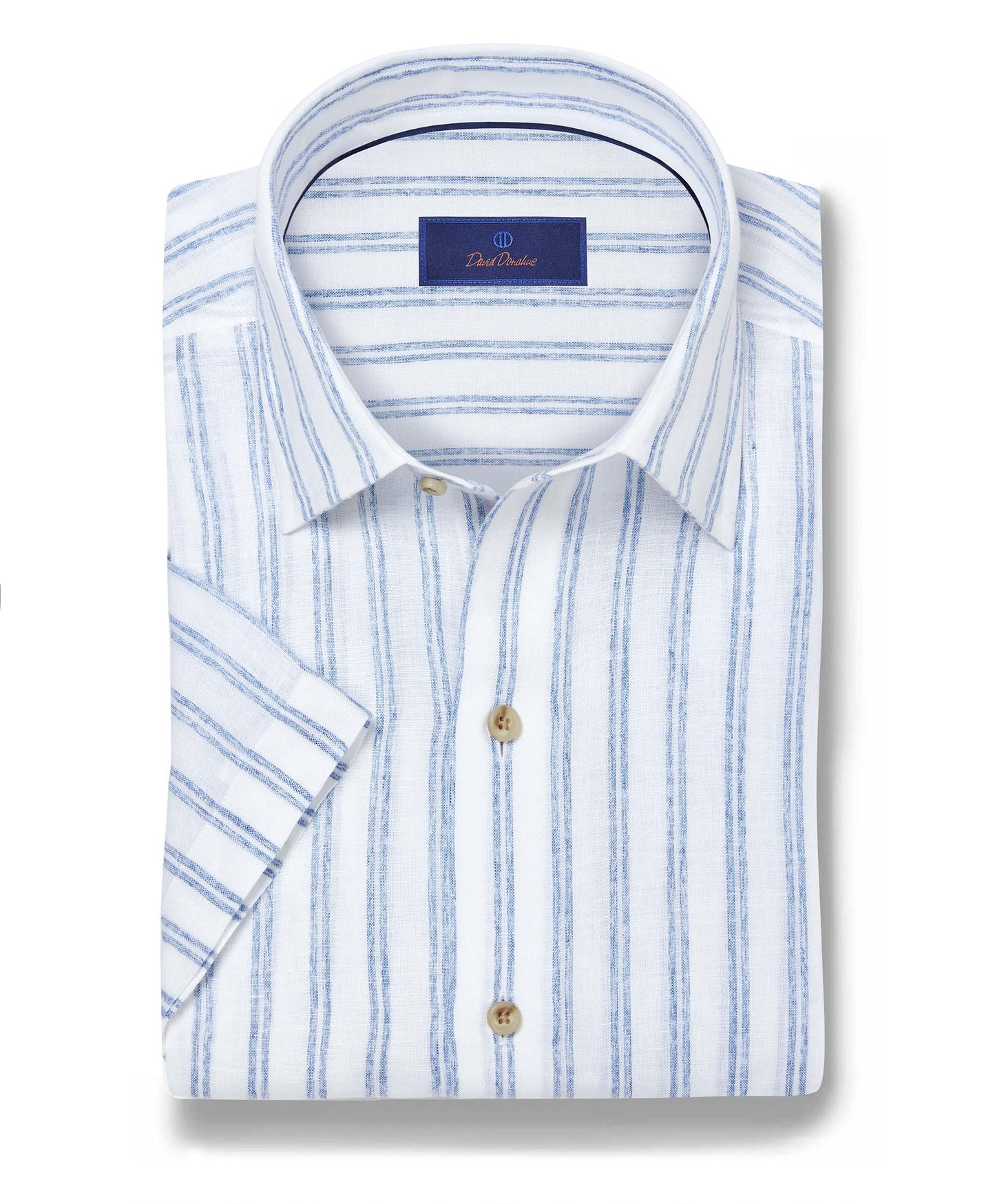 David Donahue White & Blue Linen Stripe Short Sleeve Shirt