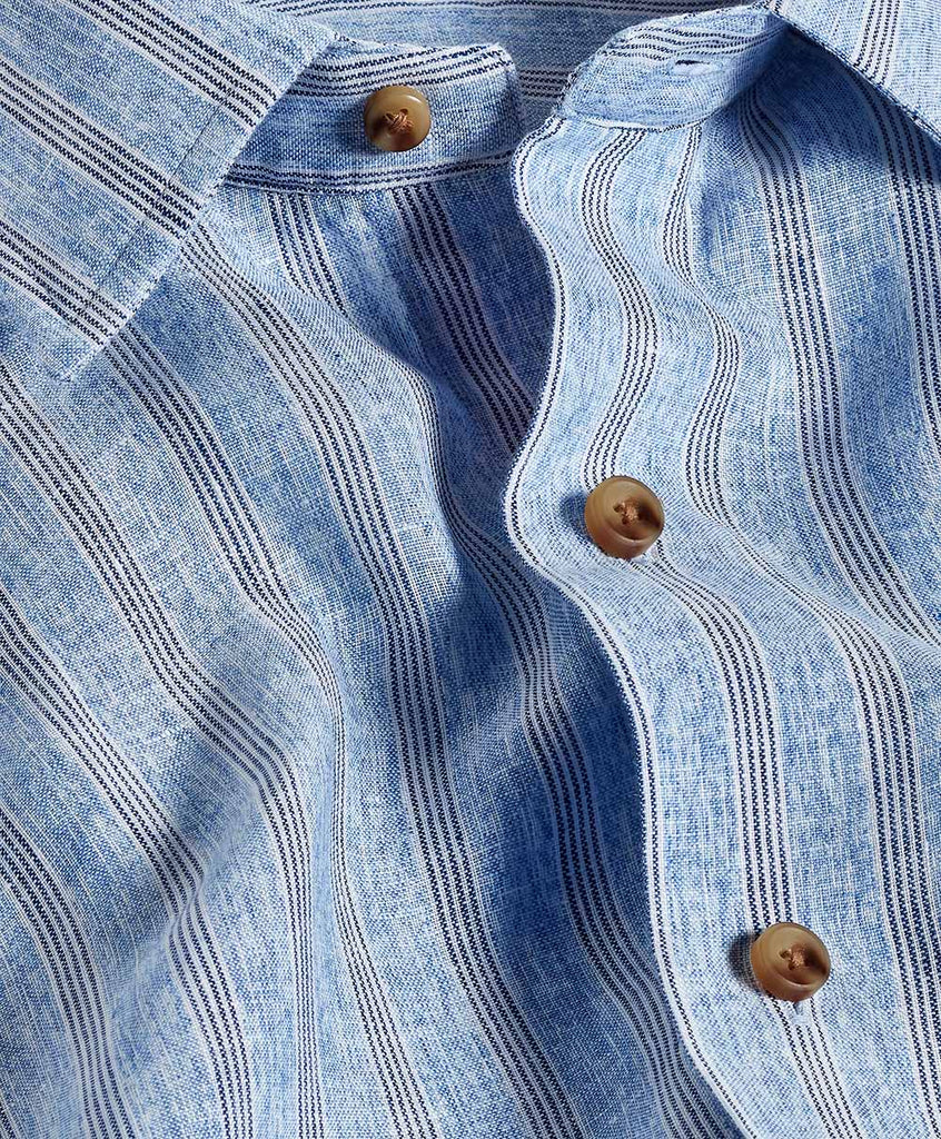 David Donahue Blue Linen Stripe Short Sleeve Shirt
