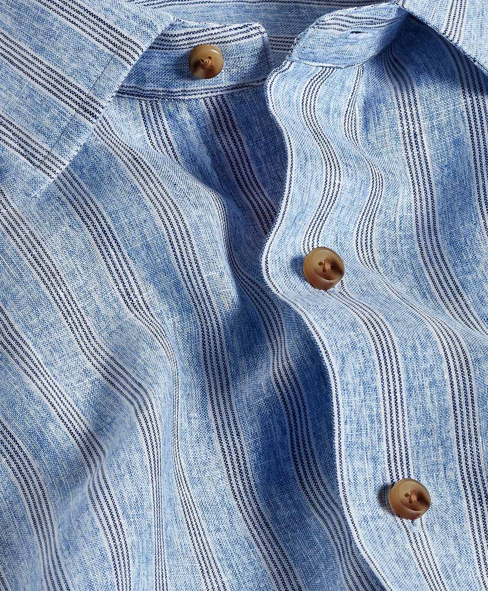 David Donahue Blue Linen Stripe Short Sleeve Shirt