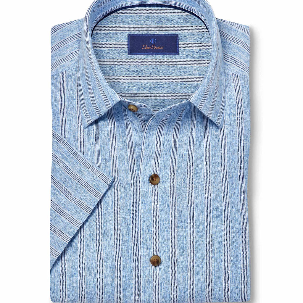 David Donahue Blue Linen Stripe Short Sleeve Shirt