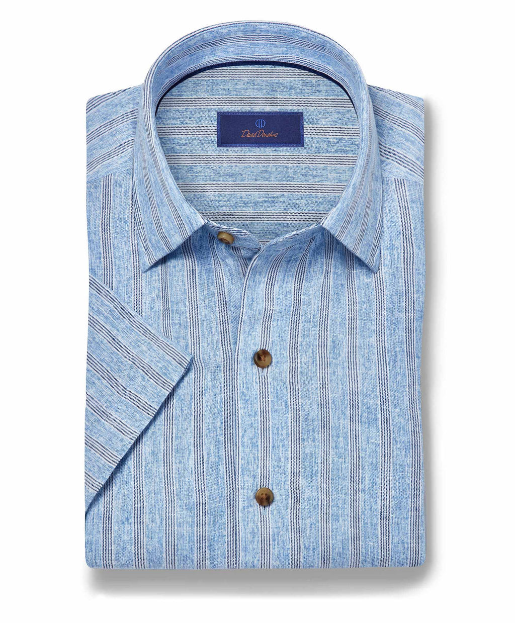 David Donahue Blue Linen Stripe Short Sleeve Shirt