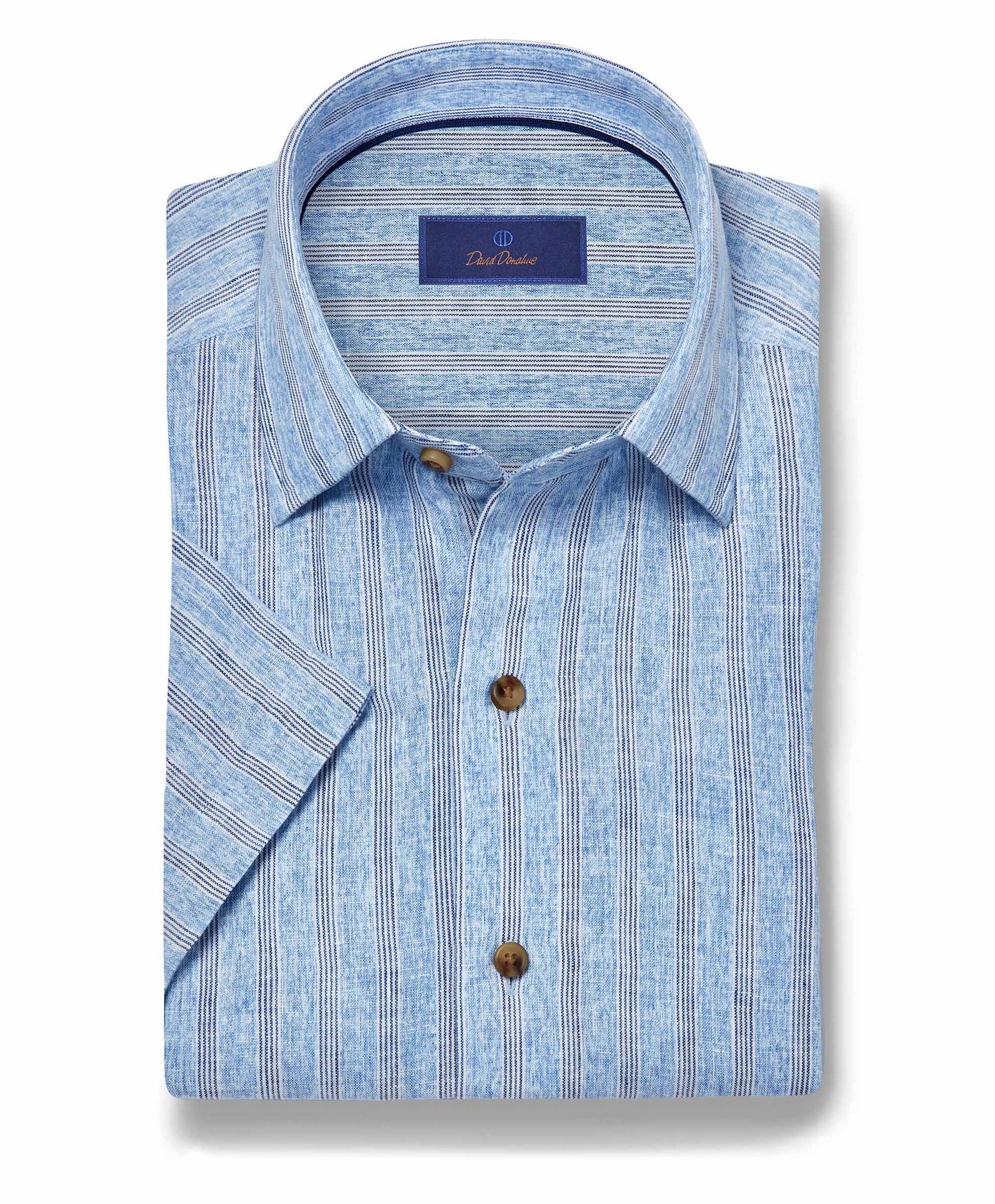David Donahue Blue Linen Stripe Short Sleeve Shirt