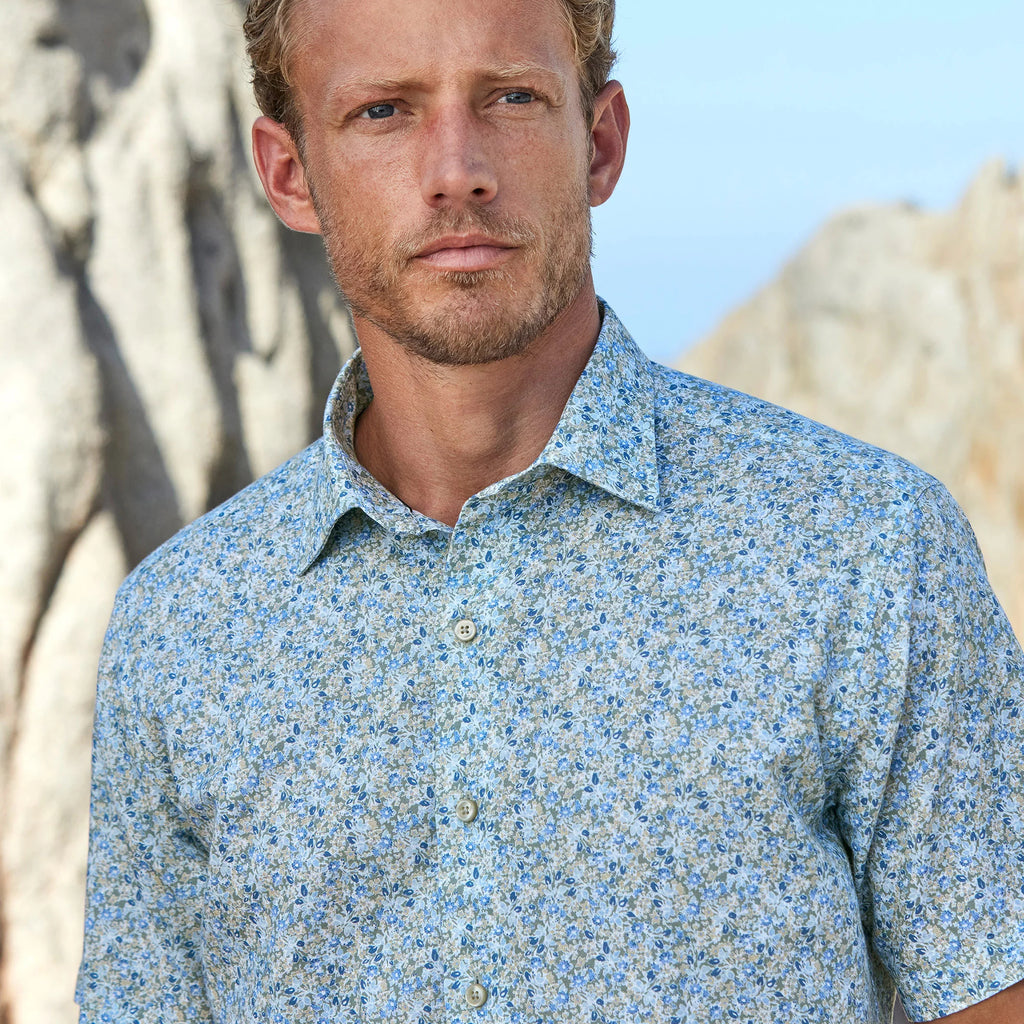 David Donahue Sage Floral Linen Blend Short Sleeve Shirt