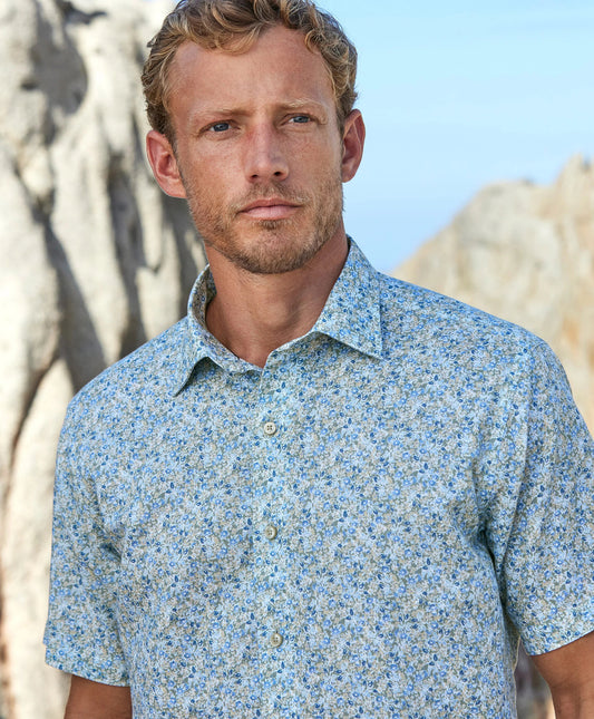 David Donahue Sage Floral Linen Blend Short Sleeve Shirt