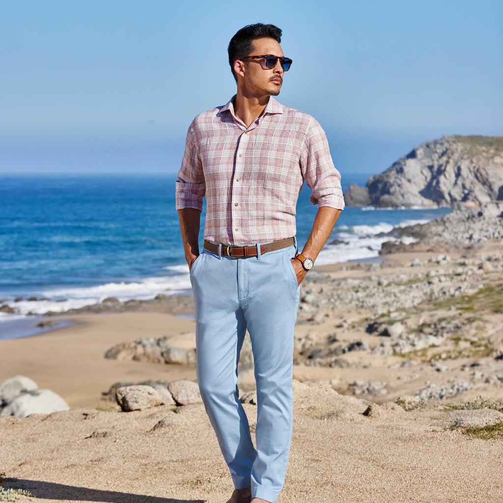 David Donahue Red and Multi Linen Check Sport Shirt