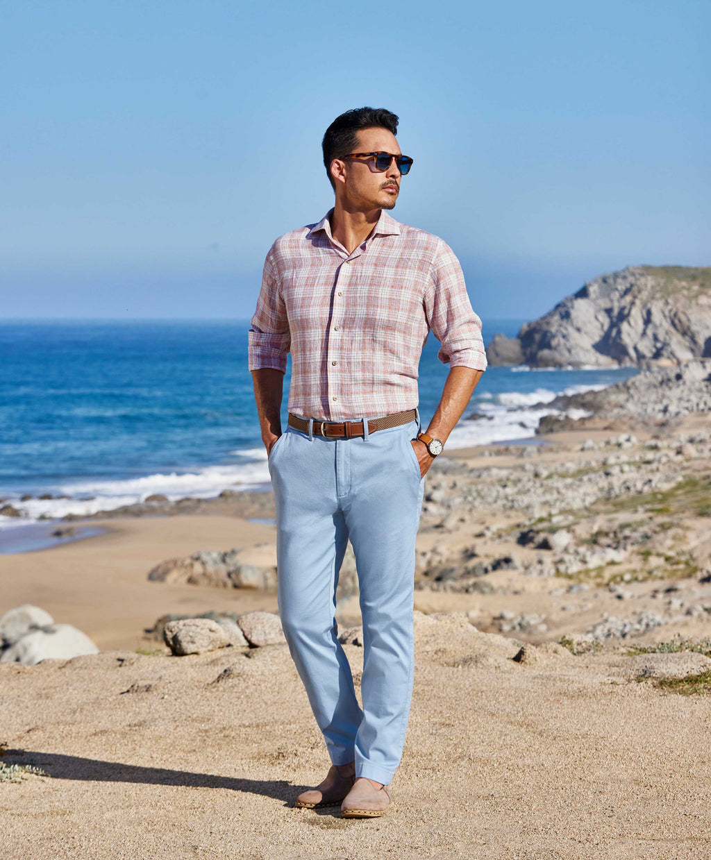 David Donahue Red and Multi Linen Check Sport Shirt