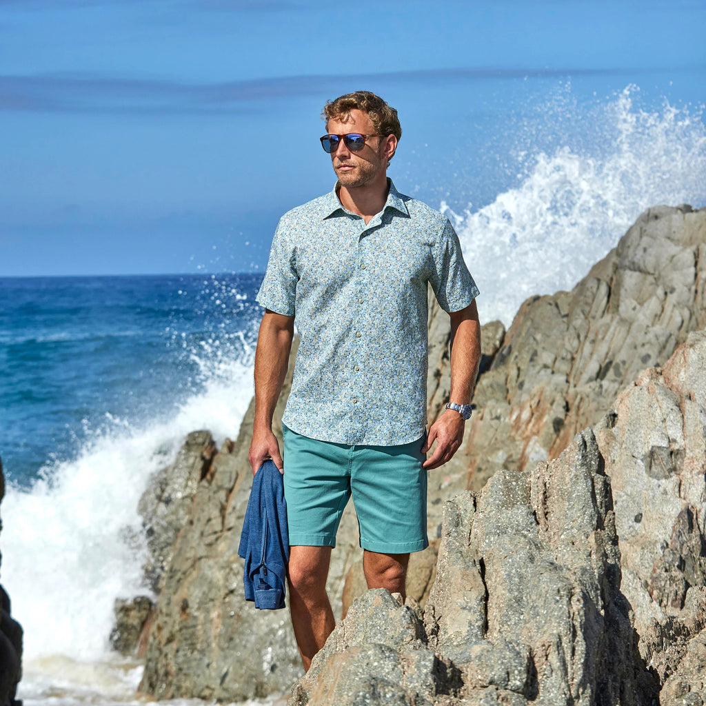 David Donahue Sage Floral Linen Blend Short Sleeve Shirt