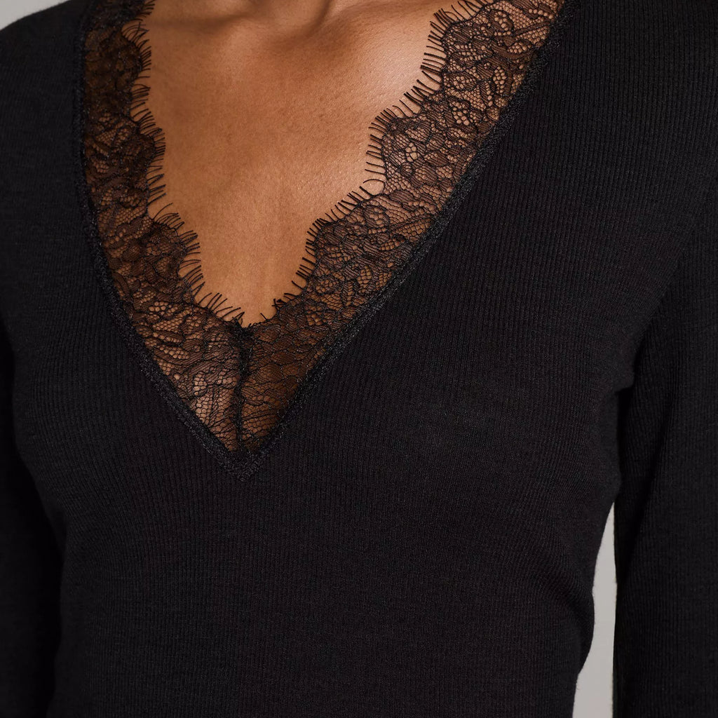 Vince Lace-Trim Ribbed Long-Sleeve V-Neck Top