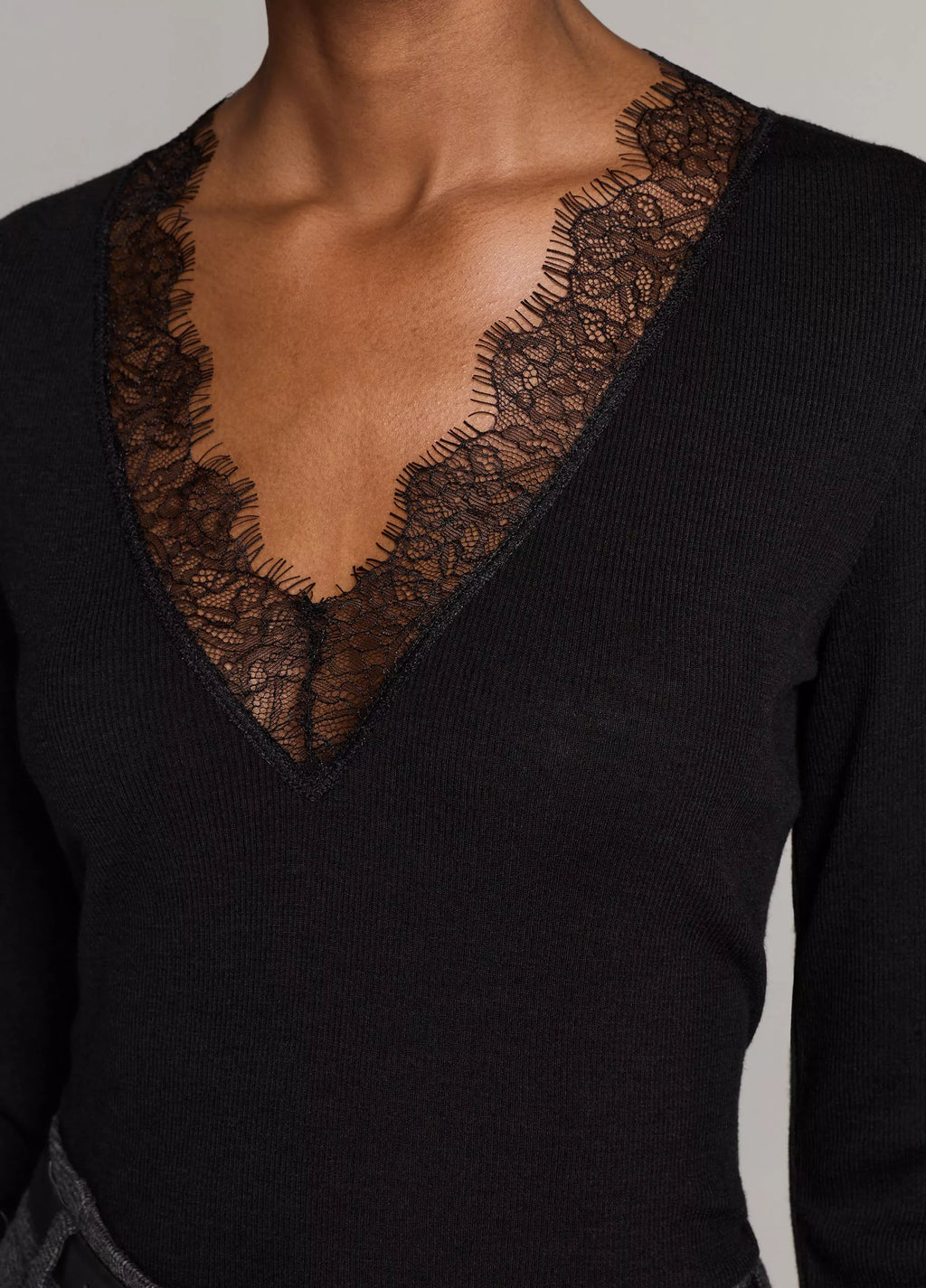 Vince Lace-Trim Ribbed Long-Sleeve V-Neck Top