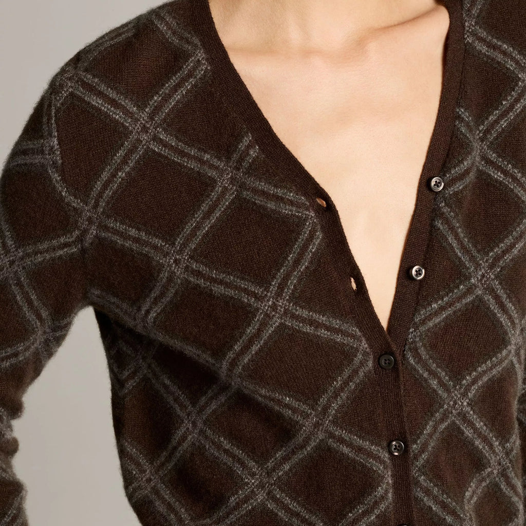 Vince Diamond Plaid Cashmere V-Neck Cardigan
