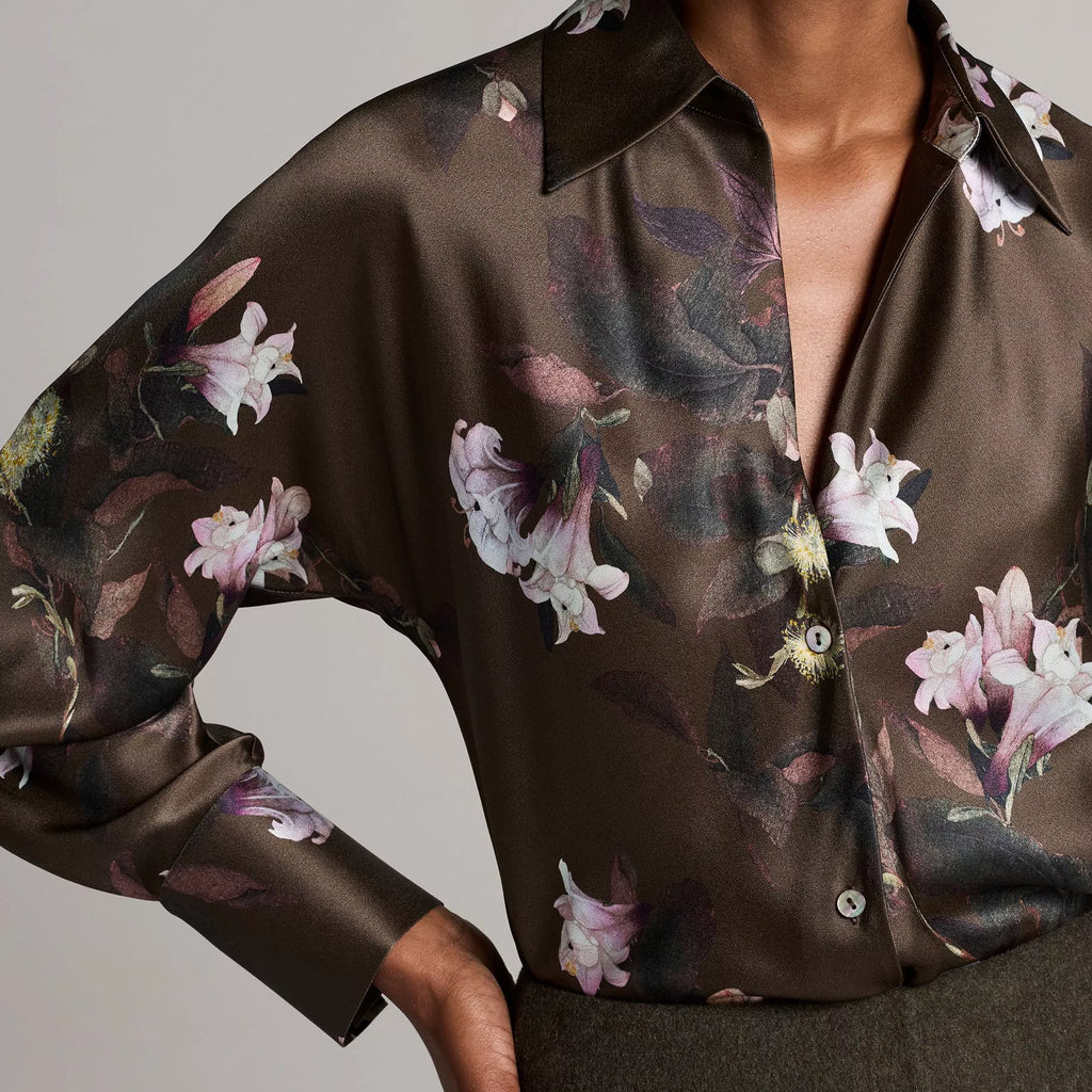 Vince Lily Vine Silk Bias Long-Sleeve Blouse