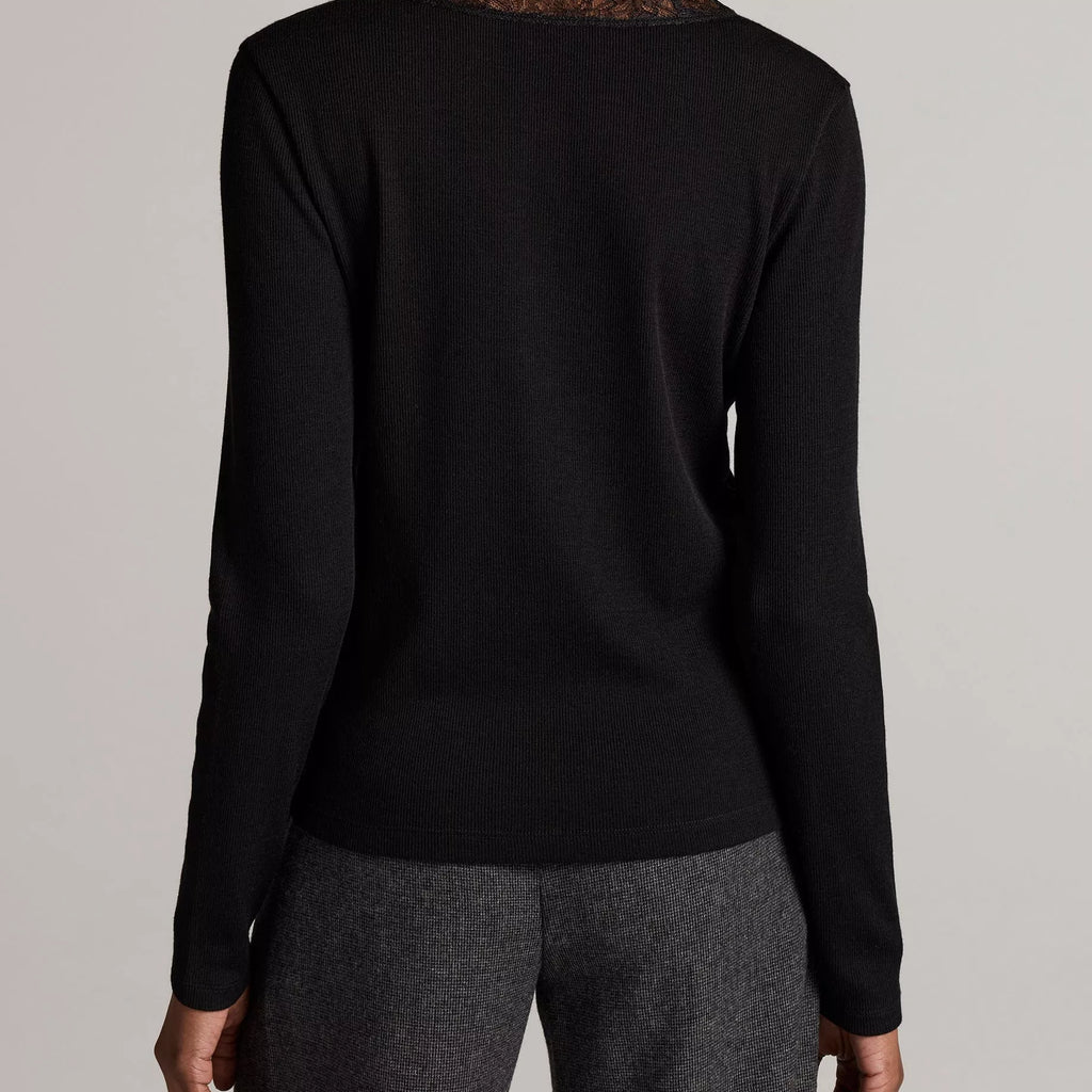 Vince Lace-Trim Ribbed Long-Sleeve V-Neck Top