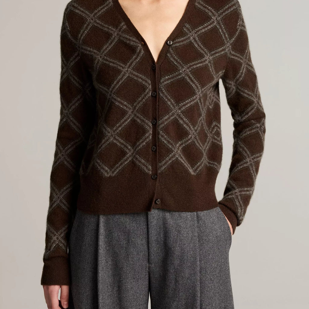 Vince Diamond Plaid Cashmere V-Neck Cardigan