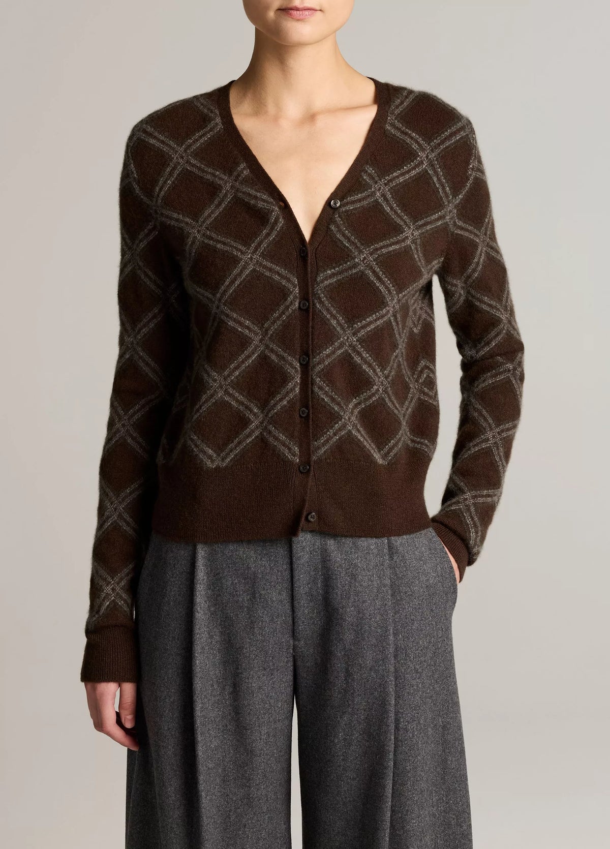 Vince Diamond Plaid Cashmere V-Neck Cardigan
